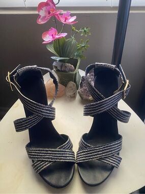 Cole Haan Black Strappy Ankle-Wrap Heels with White Stitching
